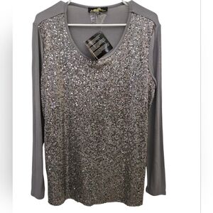 Joan Boyce Gray Sequin Long Sleeve Top • Size Medium